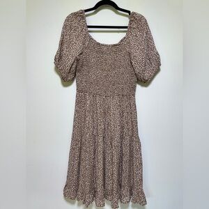 Japna | Brown Ditsy Print Tiered Midi Dress | Puff Sleeve Boho Style | Size M